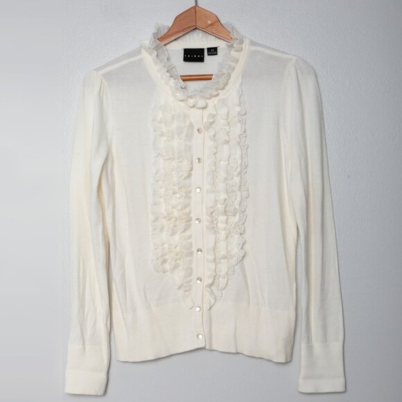 TRIBAL Ruffled Button Down Knit Cardigan Sweater Ivory Cream Soft Stretch - Picture 3 of 8